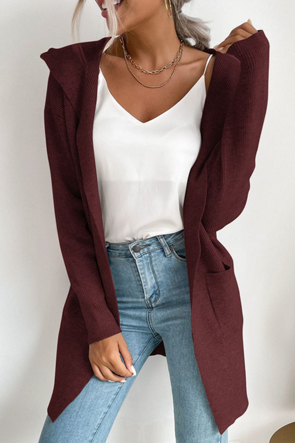 Ribbed Open Front Hooded Cardigan with Pockets-Angel Casuals