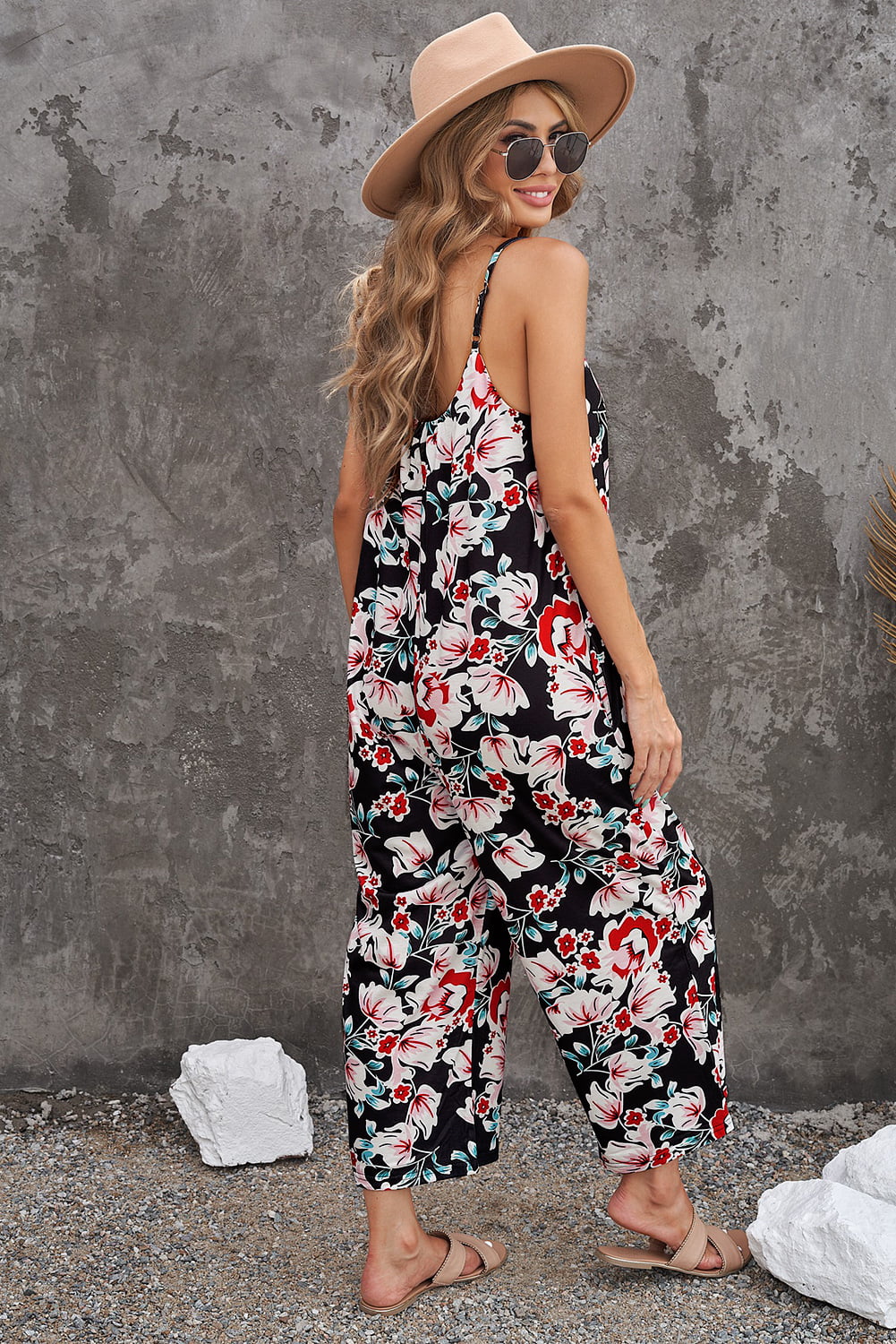 Botanical Print Spaghetti Strap Cropped Jumpsuit-Angel Casuals