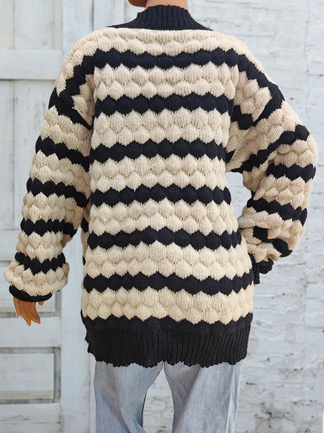 Striped Contrast Open Front Long Sleeve Cardigan-Angel Casuals
