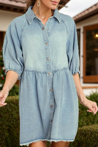 Raw Hem Snap Down Half Sleeve Denim Dress-Angel Casuals