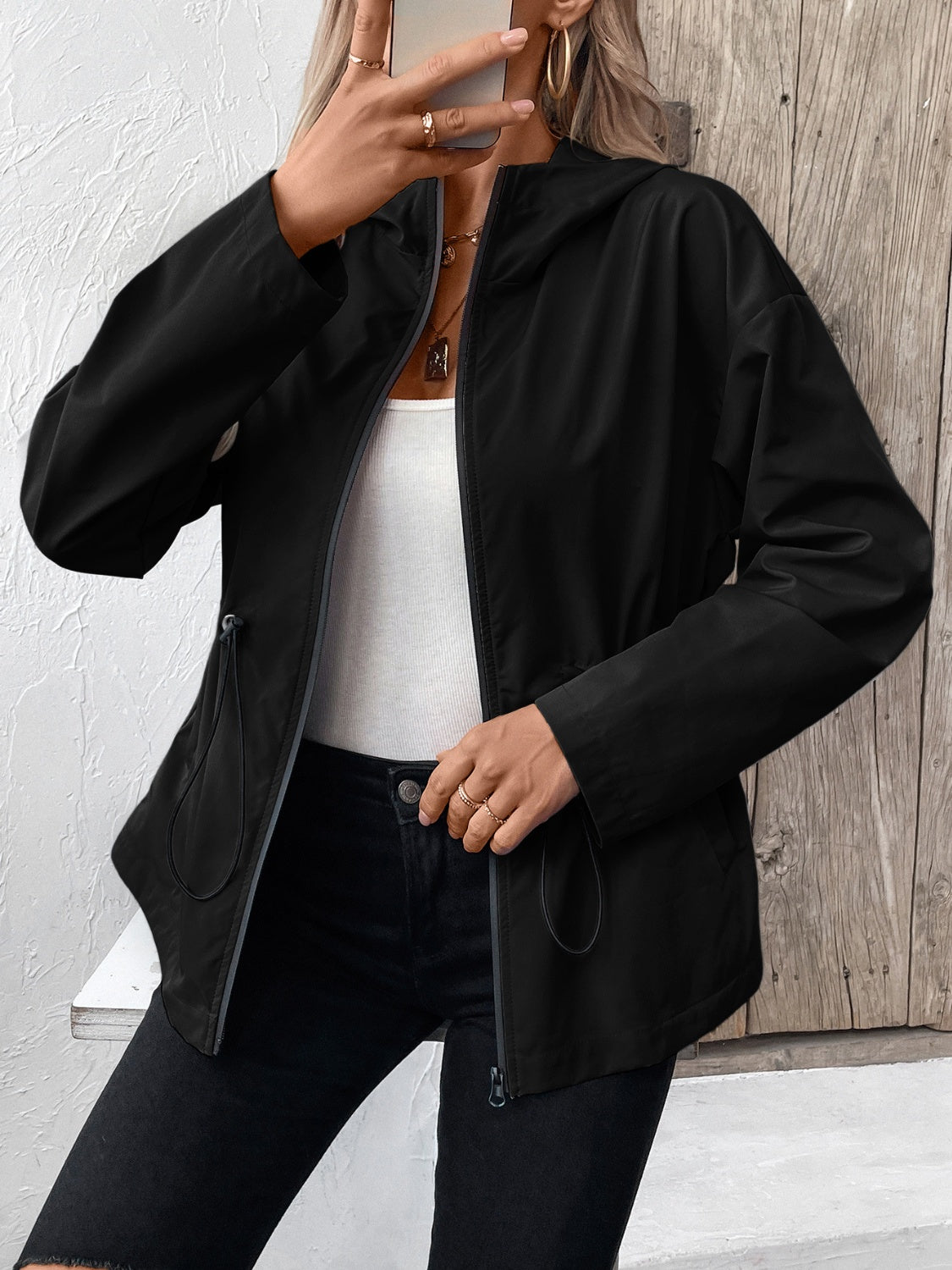 Ivy Lane Drawstring Zip Up Hooded Jacket-Angel Casuals