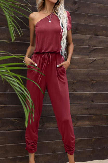 Drawstring Waist One-Shoulder Jumpsuit with Pockets-Angel Casuals