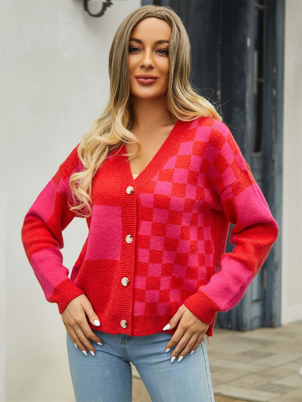 Plaid V-Neck Dropped Shoulder Cardigan-Angel Casuals