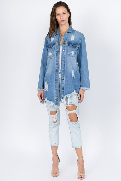 American Bazi Distressed Frayed Hem Denim Jacket-Angel Casuals