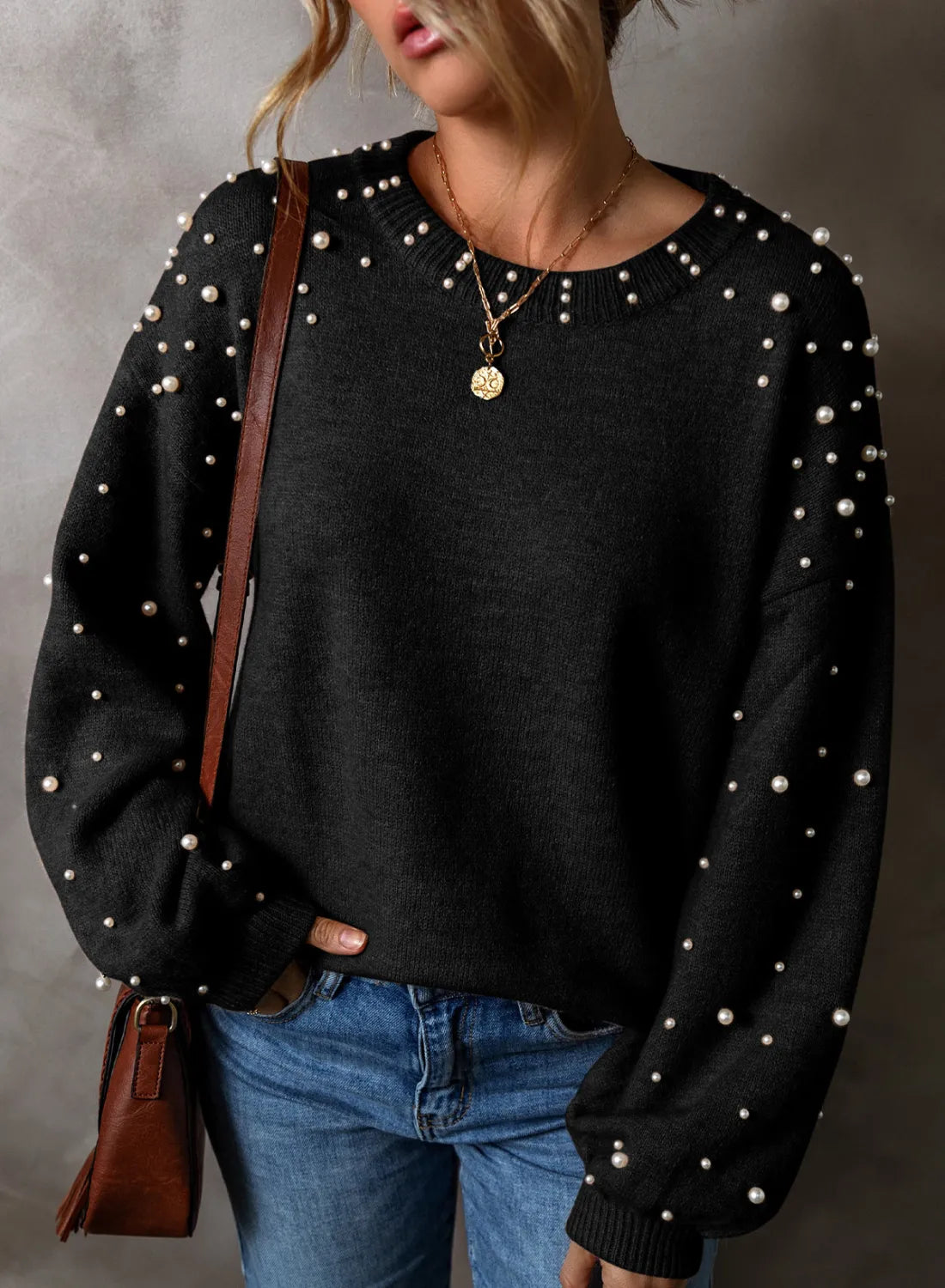 Pearl Detail Round Neck Long Sleeve Sweater-Angel Casuals