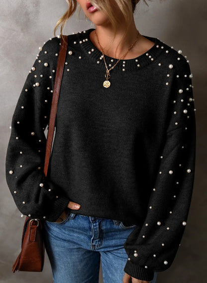 Pearl Detail Round Neck Long Sleeve Sweater-Angel Casuals