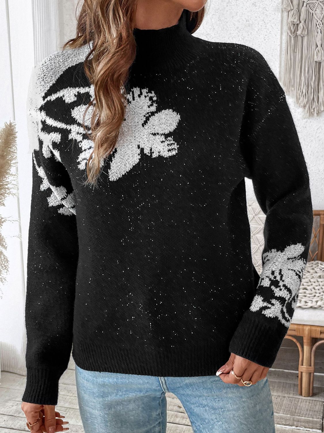 Perfee Flower Mock Neck Long Sleeve Sweater-Angel Casuals