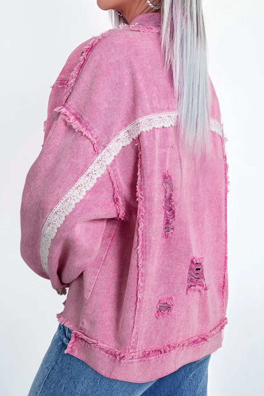 Lace Detail Distressed Raw Hem Long Sleeve Denim Jacket-Angel Casuals