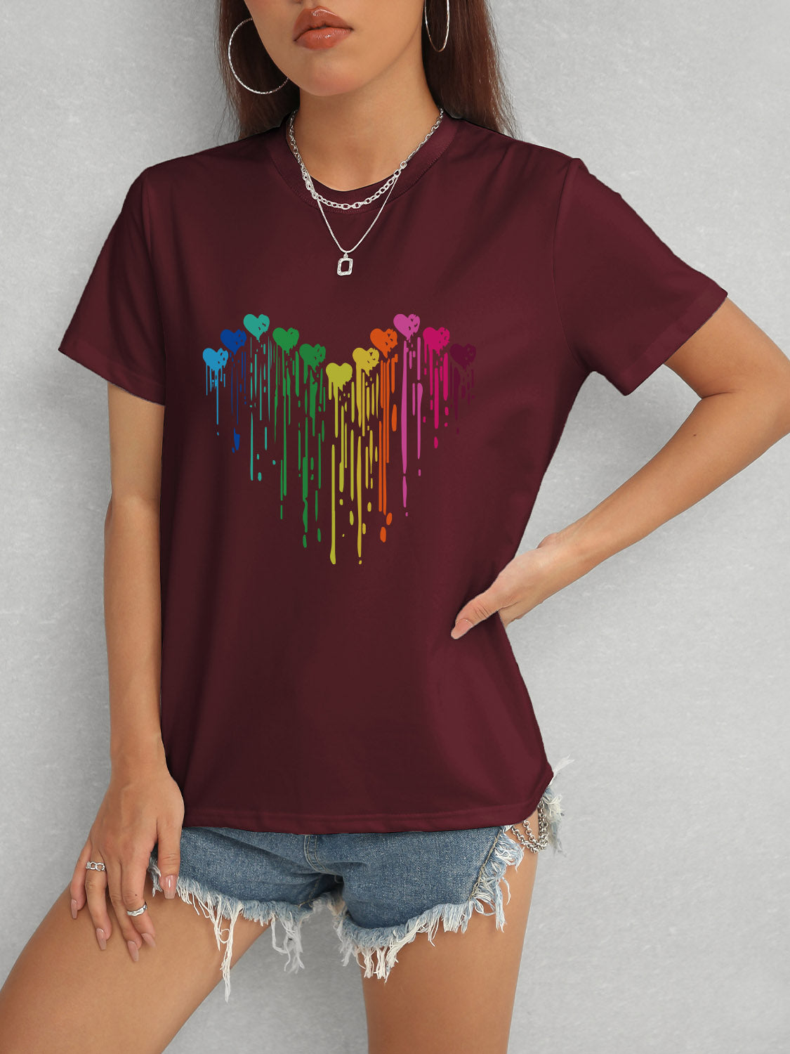 Heart Round Neck Short Sleeve T-Shirt-Angel Casuals