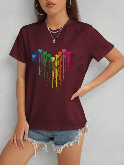 Heart Round Neck Short Sleeve T-Shirt-Angel Casuals