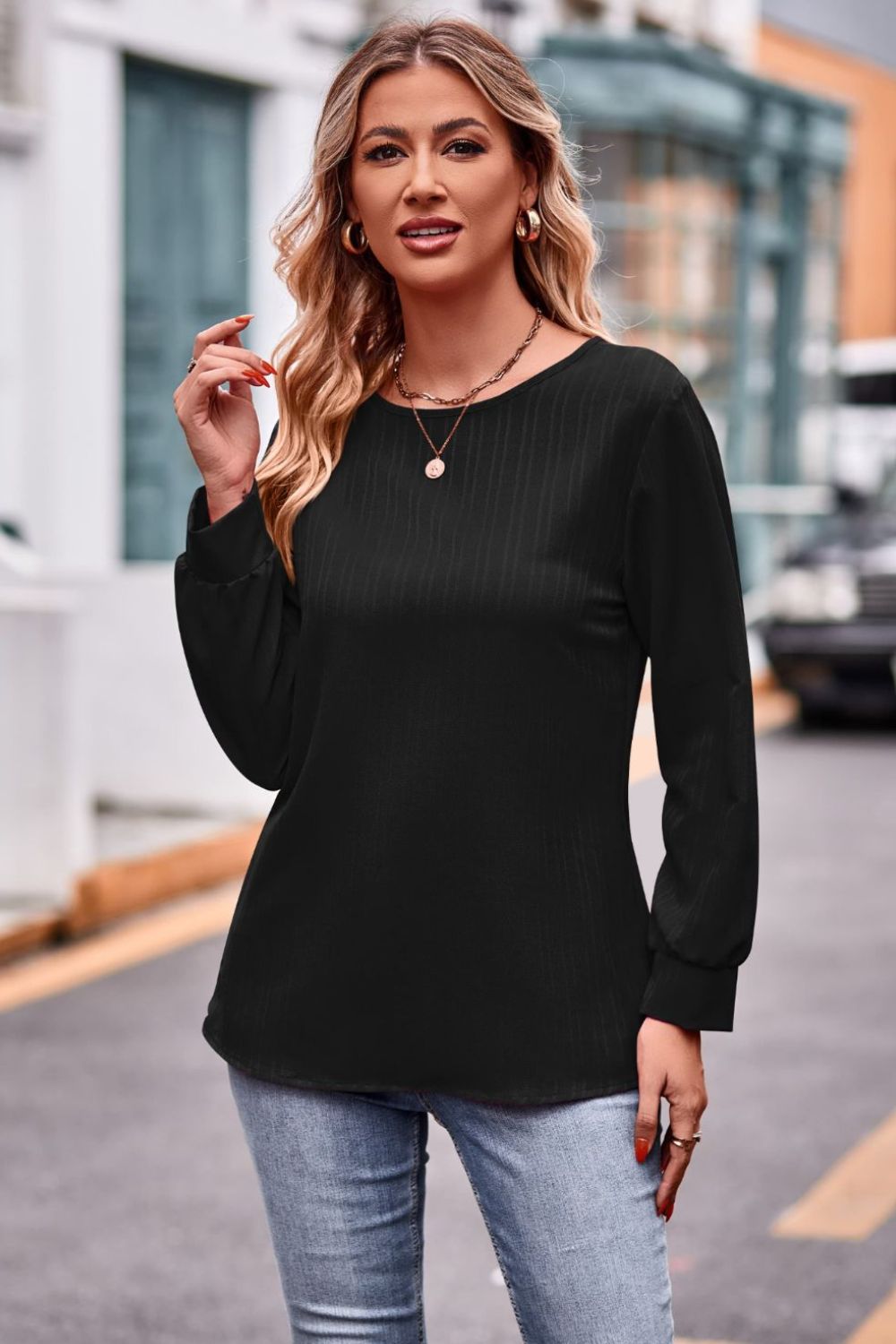 Round Neck Long Sleeve Tee-Angel Casuals