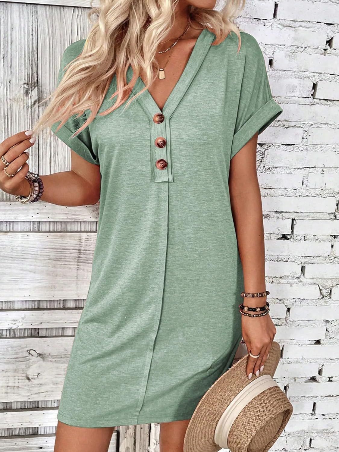 Quarter Button V-Neck Short Sleeve Dress-Angel Casuals