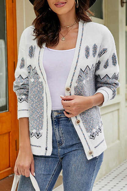 Printed V-Neck Buttoned Cardigan-Angel Casuals