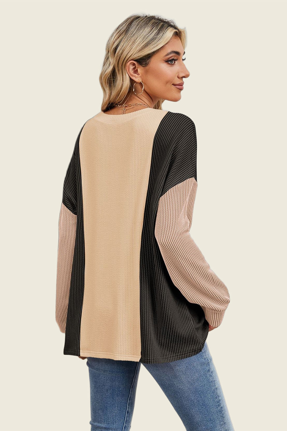 Double Take Texture Contrast Round Neck Long Sleeve T-Shirt-Angel Casuals