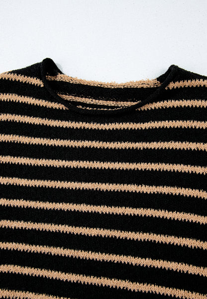 Stripe Drop Shoulder Round Neck Sweater-Angel Casuals