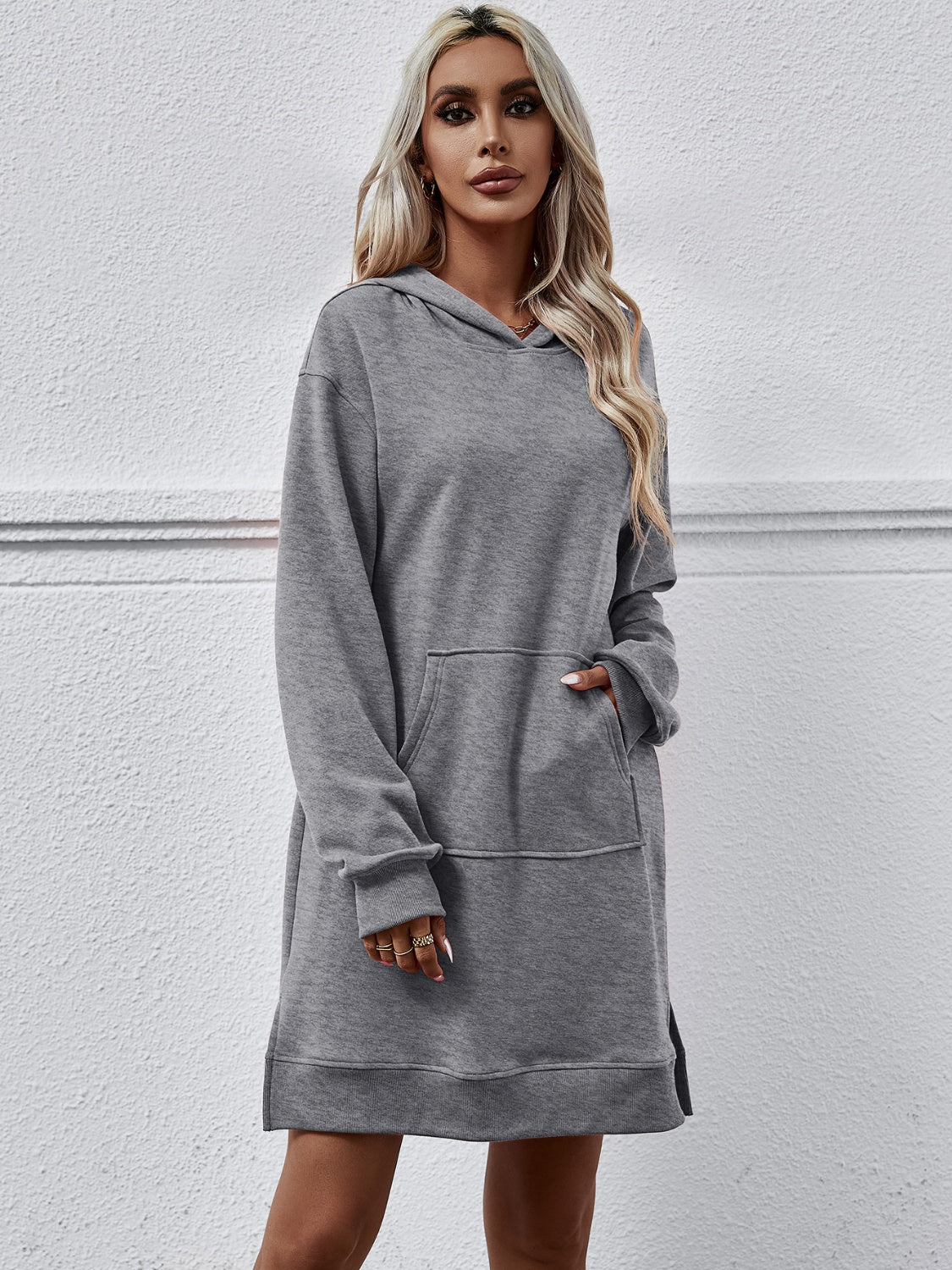 Slit Long Sleeve Hooded Dress with Pocket-Angel Casuals