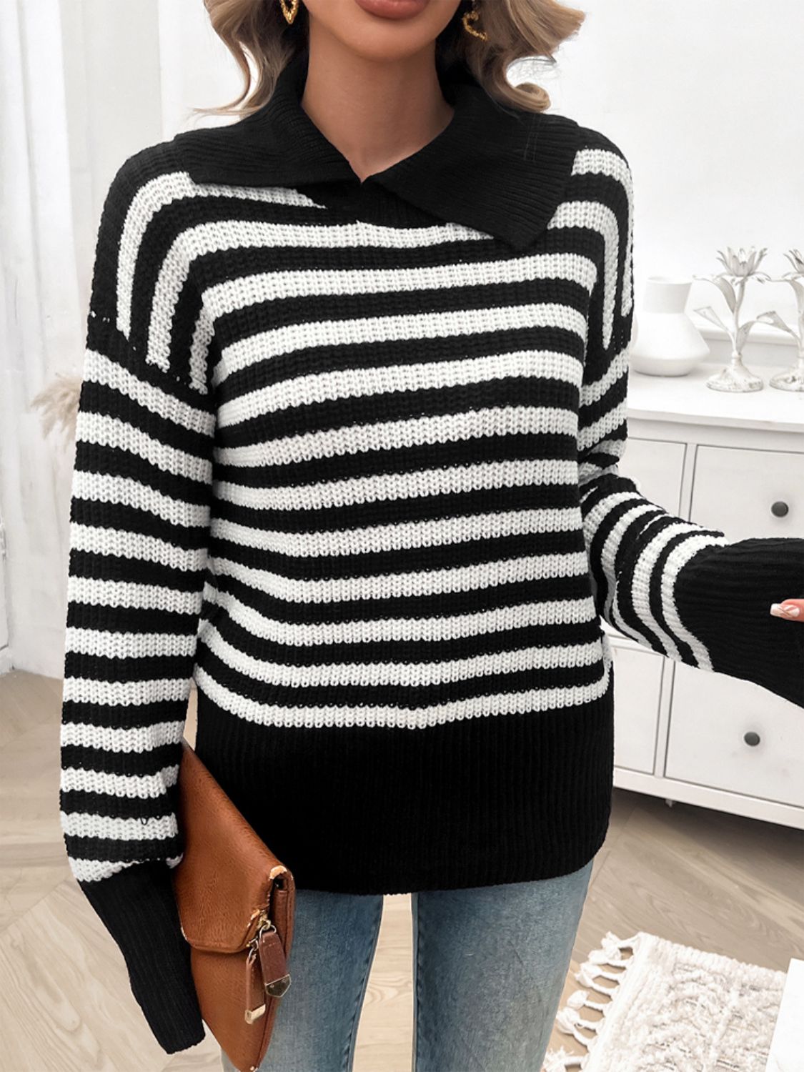 Devine Striped Collared Neck Long Sleeve Sweater-Angel Casuals