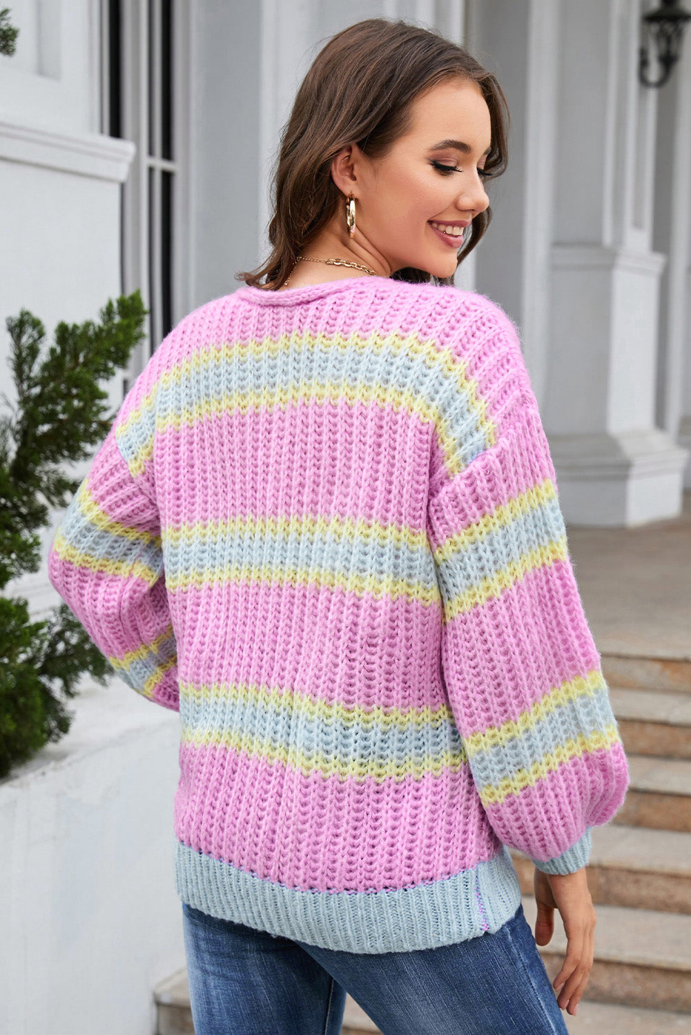Striped Lantern Sleeve Dropped Shoulder Cardigan-Angel Casuals