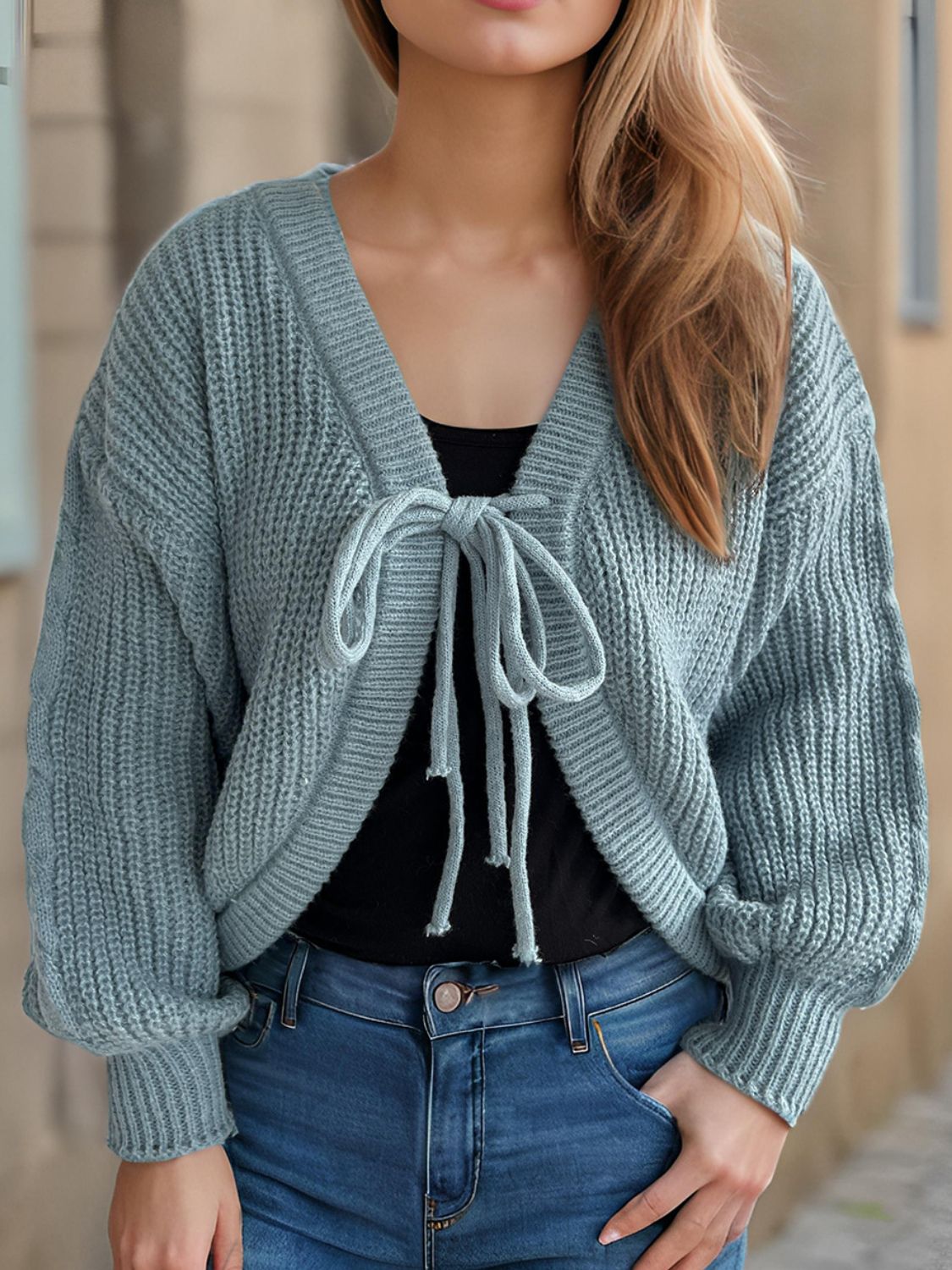 Tied Dropped Shoulder Long Sleeve Cardigan-Angel Casuals