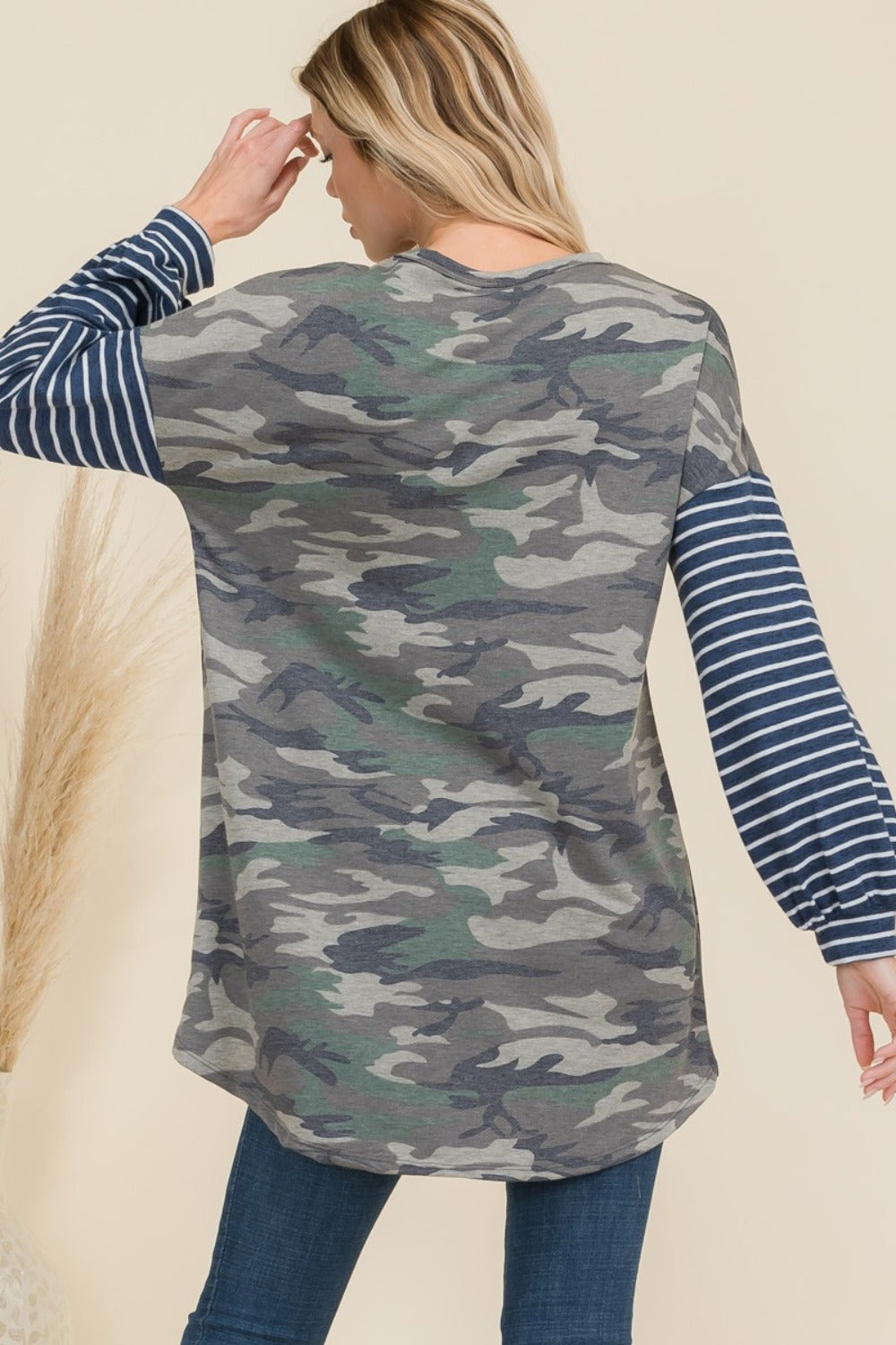 Celeste Full Size Camo Print High-Low T-Shirt with Stripe Sleeves-Angel Casuals