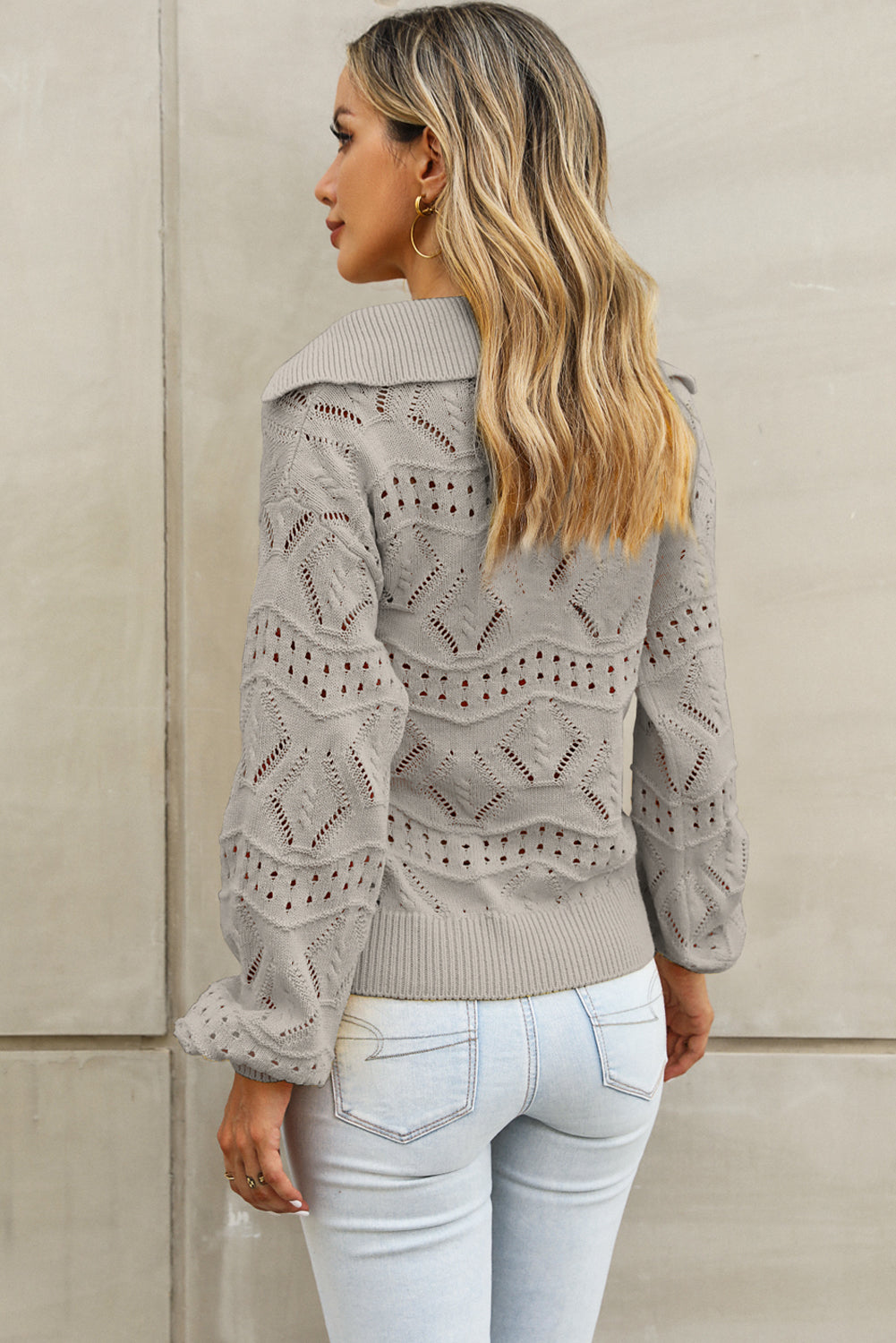 Openwork Lantern Sleeve Sweater-Angel Casuals