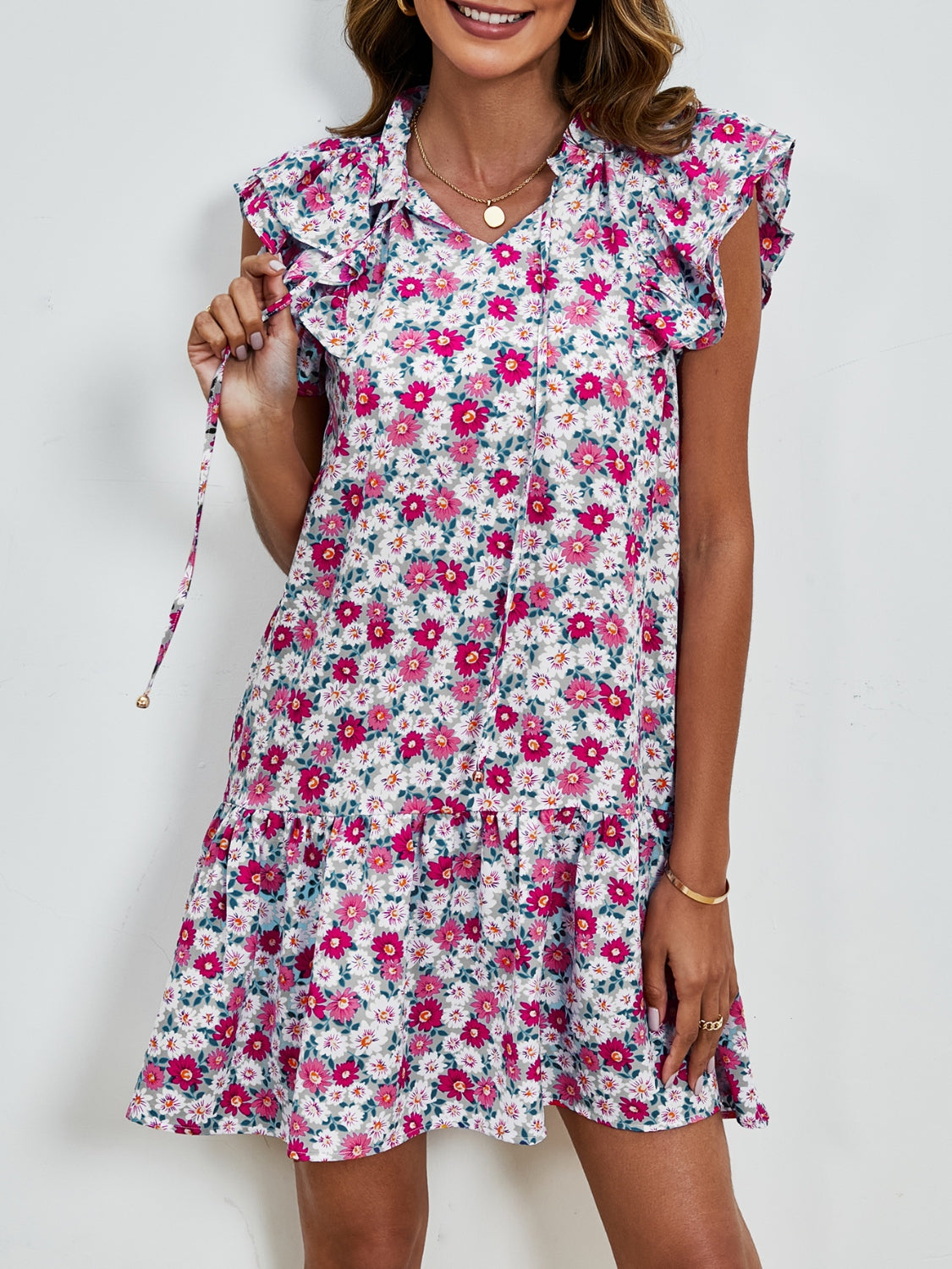 Tied Floral Cap Sleeve Mini Dress-Angel Casuals