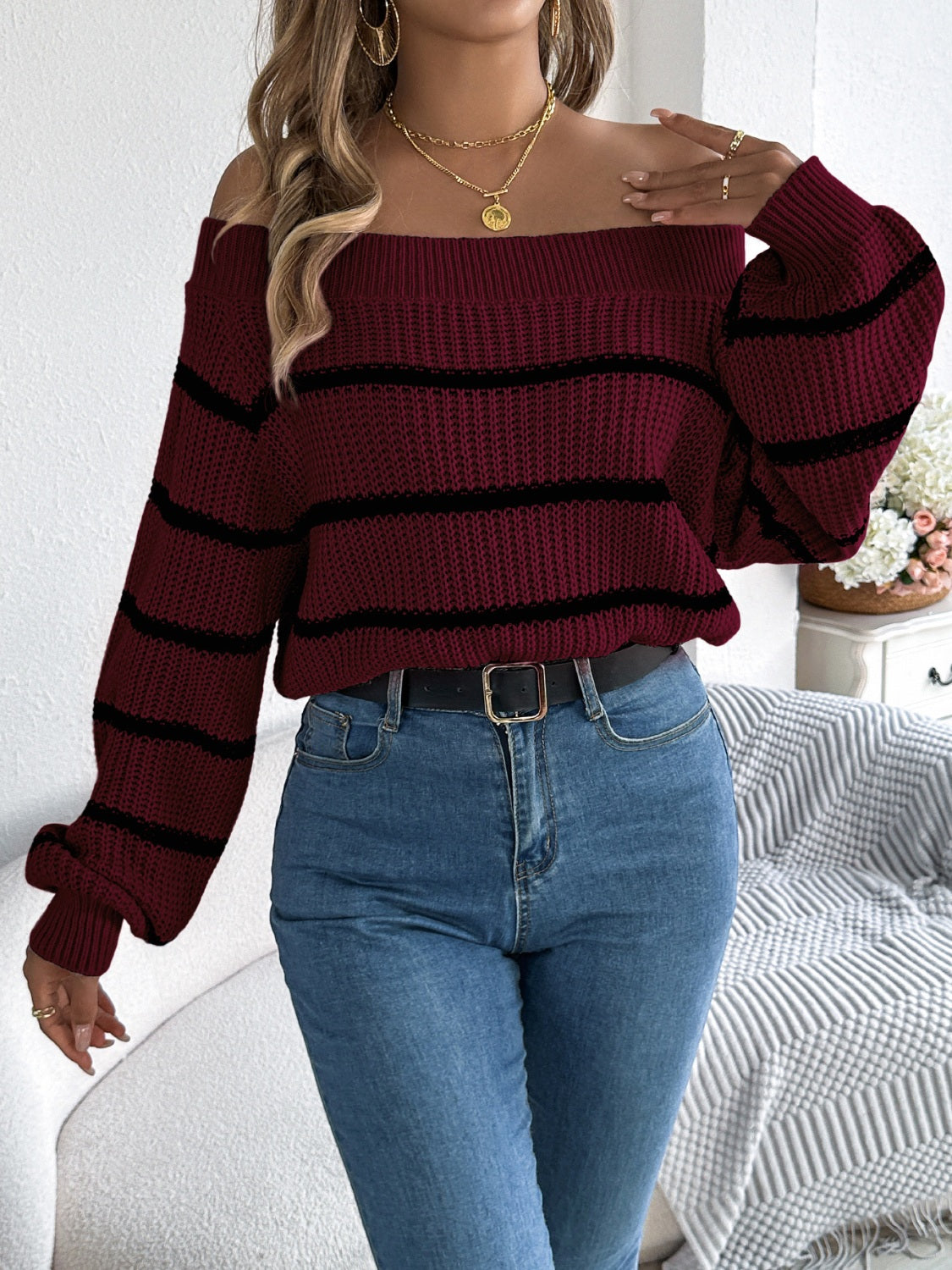 Striped Off-Shoulder Long Sleeve Sweater-Angel Casuals