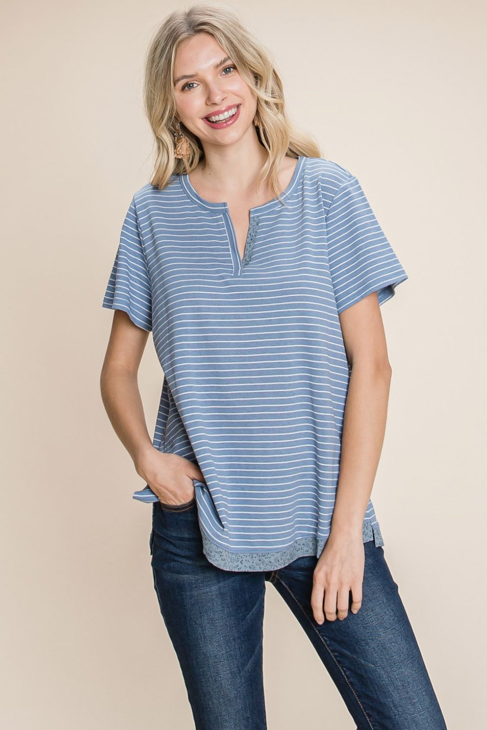 Cotton Bleu by Nu Lab Slit Striped Notched Short Sleeve T-Shirt-Angel Casuals