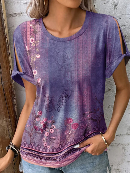 Printed Round Neck Short Sleeve T-Shirt-Angel Casuals