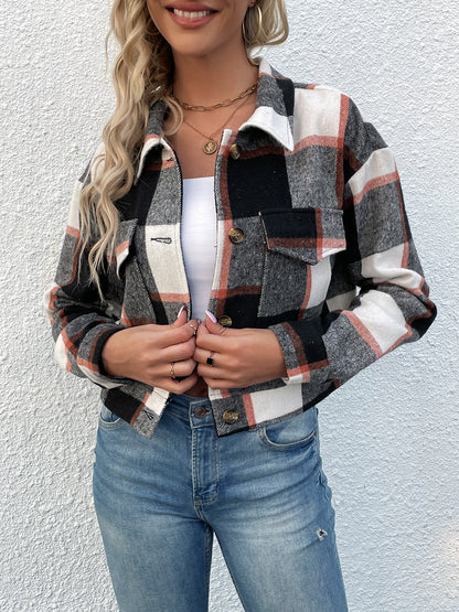 Perfee Plaid Button Up Drop Shoulder Cropped Jacket-Angel Casuals
