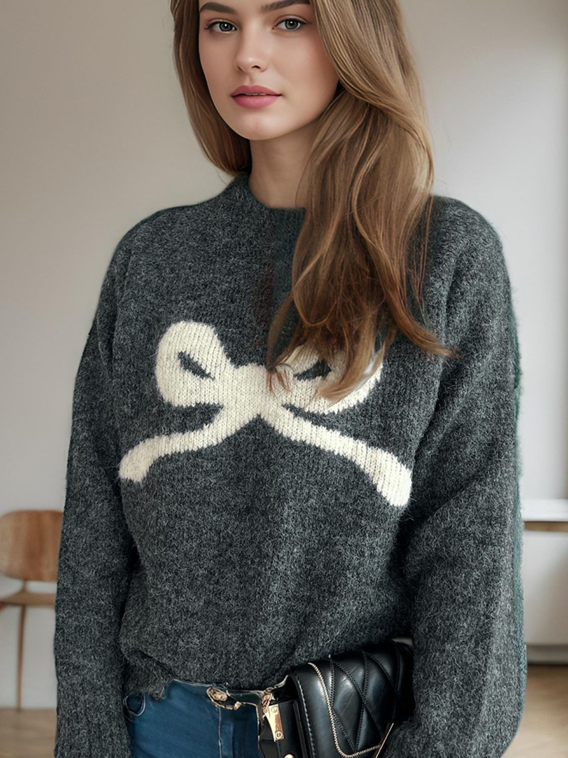 Bow Round Neck Long Sleeve Sweater-Angel Casuals