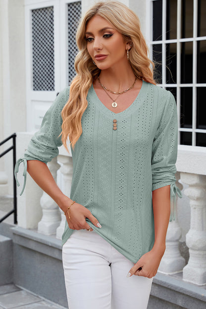 Eyelet Drawstring V-Neck Half Sleeve T-Shirt-Angel Casuals