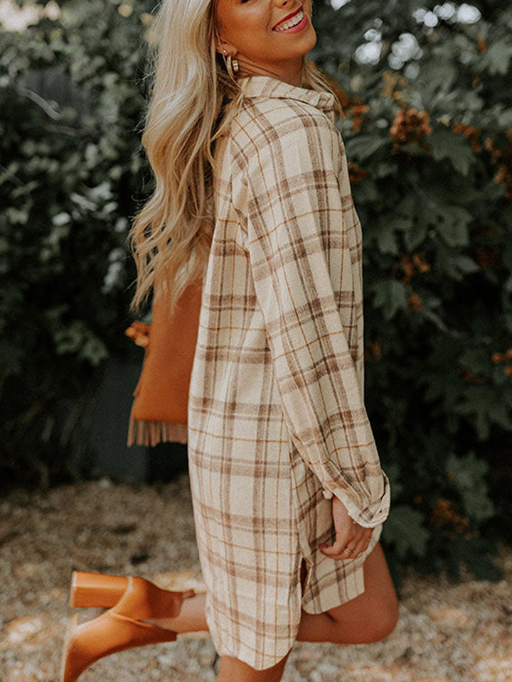 Plaid Collared Neck Long Sleeve Shirt Dress-Angel Casuals