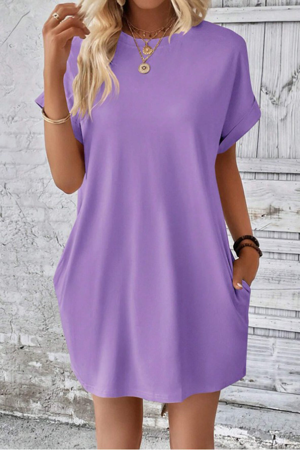 Pocketed Round Neck Short Sleeve Dress-Angel Casuals