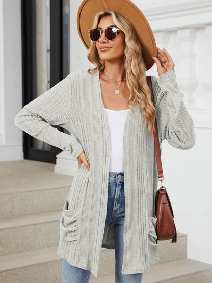 Pocketed Open Front Long Sleeve Cardigan-Angel Casuals