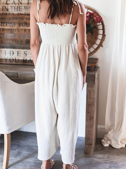 Full Size Smocked Spaghetti Strap Wide Leg Jumpsuit-Angel Casuals