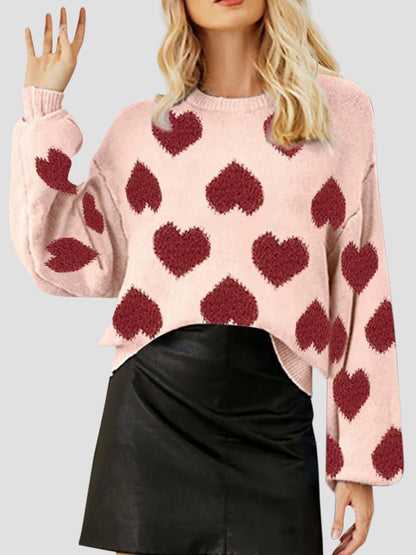 Heart Round Neck Dropped Shoulder Sweater-Angel Casuals