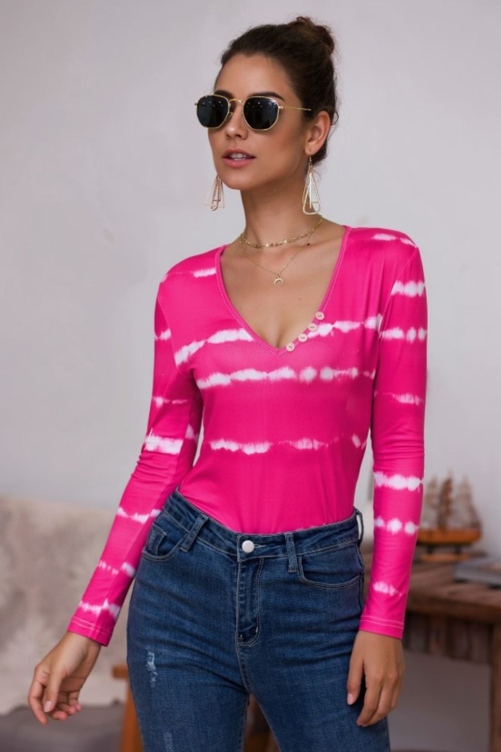 Tie-Dye Plunge Long Sleeve Top-Angel Casuals