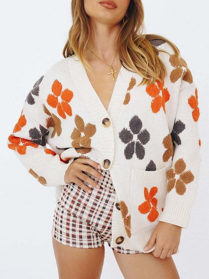 Floral V-Neck Button Up Long Sleeve Cardigan-Angel Casuals
