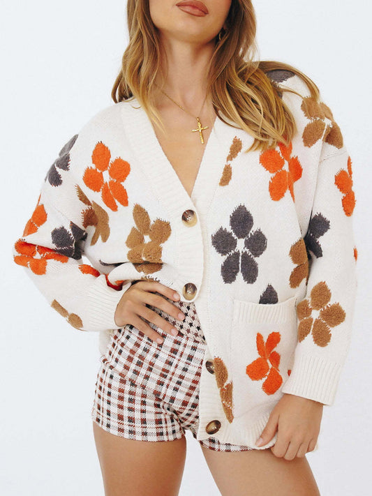 Floral V-Neck Button Up Long Sleeve Cardigan-Angel Casuals