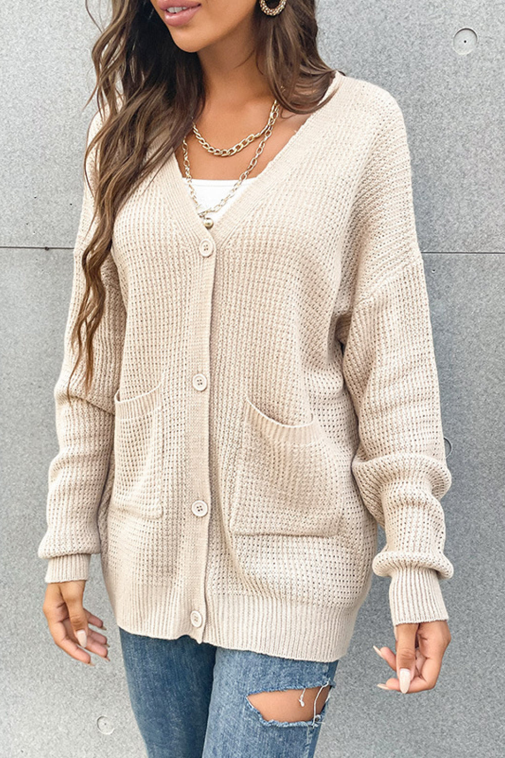 Button Front Drop Shoulder Waffle Cardigan-Angel Casuals