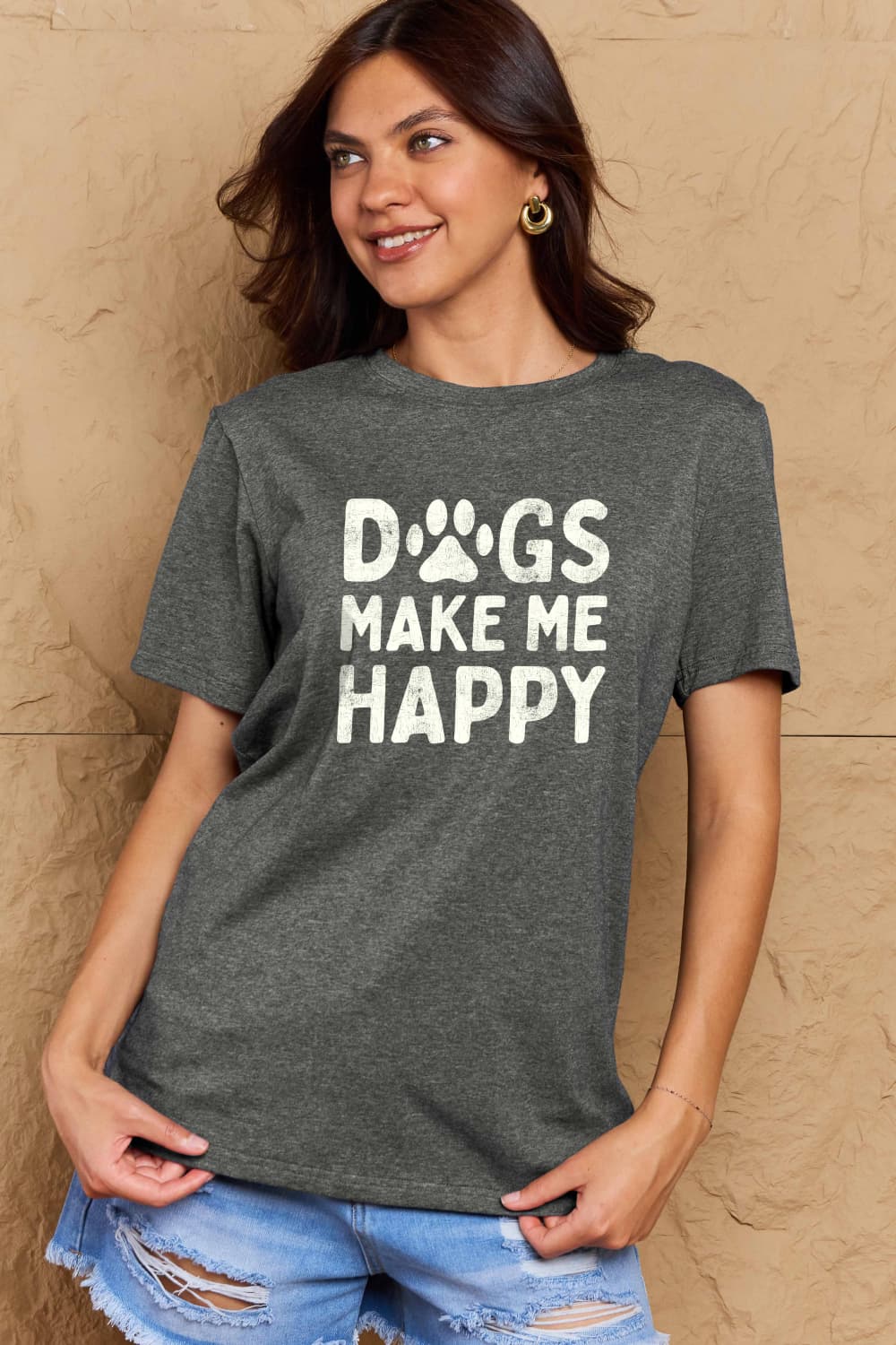 Simply Love Full Size DOGS MAKE ME HAPPY Graphic Cotton T-Shirt-Angel Casuals