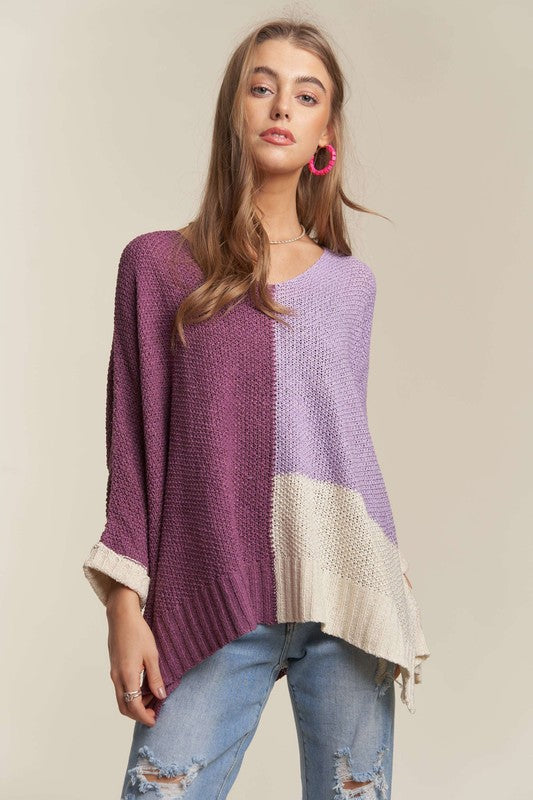 ADORA Side Slit Color Block Long Sleeve Sweater-Angel Casuals