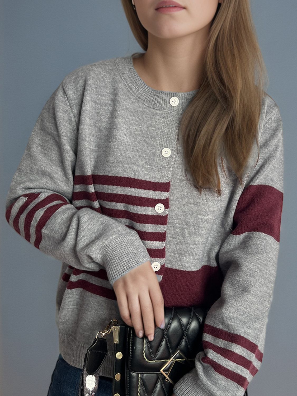 Striped Color Block Round Neck Cardigan-Angel Casuals