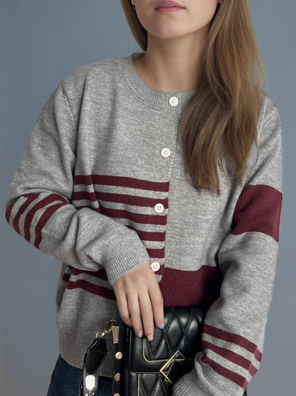 Striped Color Block Round Neck Cardigan-Angel Casuals