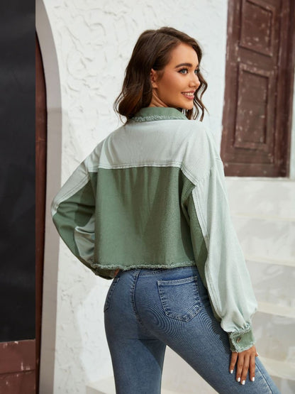Color Block Crop Jacket with Pockets-Angel Casuals