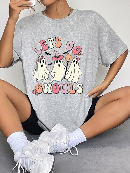 Round Neck Short Sleeve LET'S GO GHOULS Graphic T-Shirt-Angel Casuals