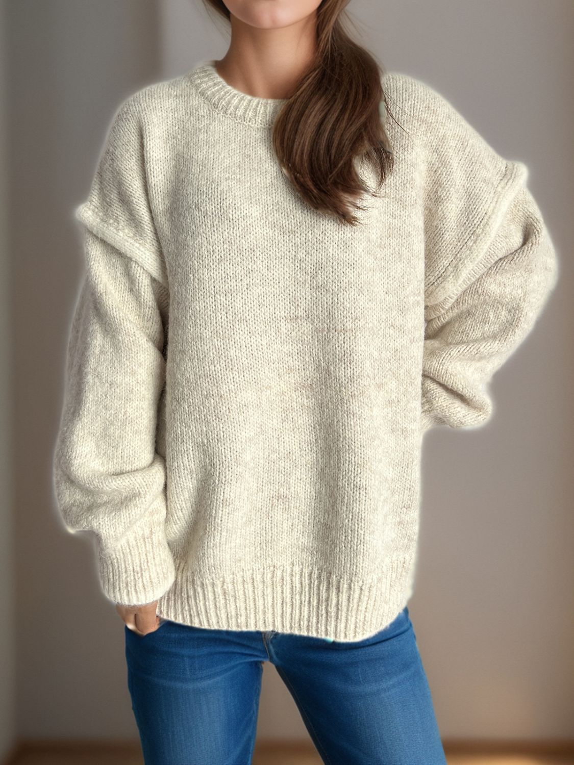 Contrast Trim Round Neck Dropped Shoulder Sweater-Angel Casuals