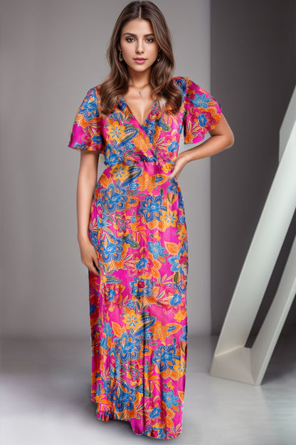 Printed Surplice Short Sleeve Maxi Dress-Angel Casuals