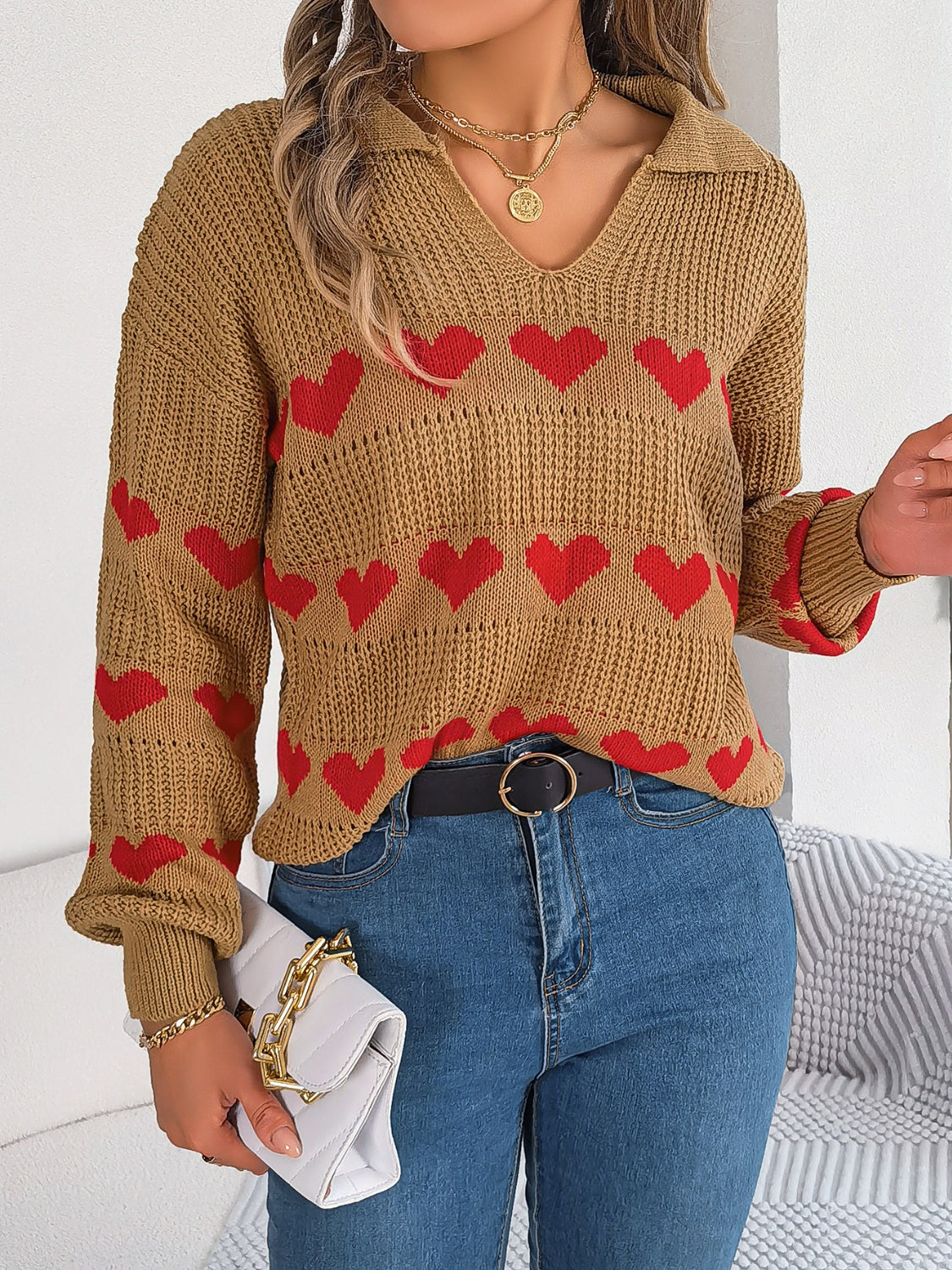 Heart Johnny Collar Long Sleeve Sweater-Angel Casuals